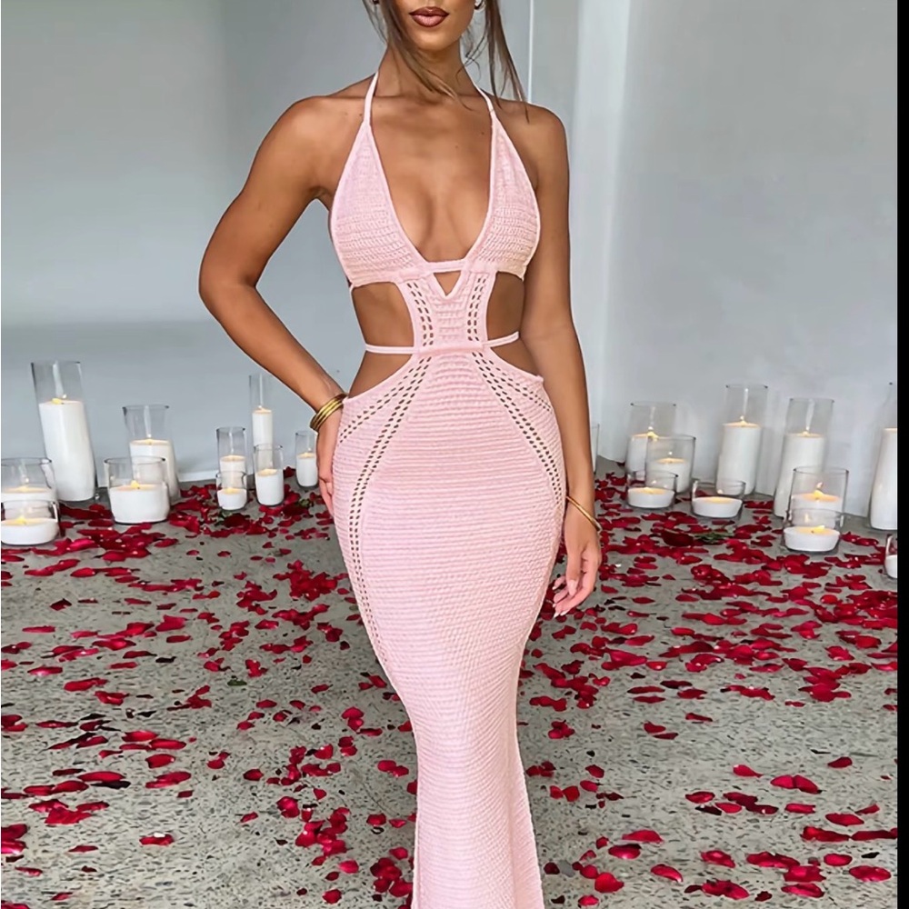 Pink Cutout Halter Maxi Dress